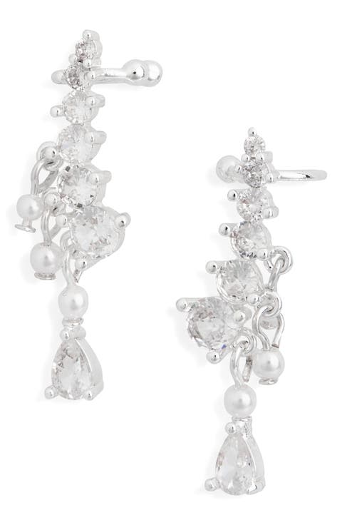 Cubic Zirconia & Faux Pearl Climber Stud Earrings