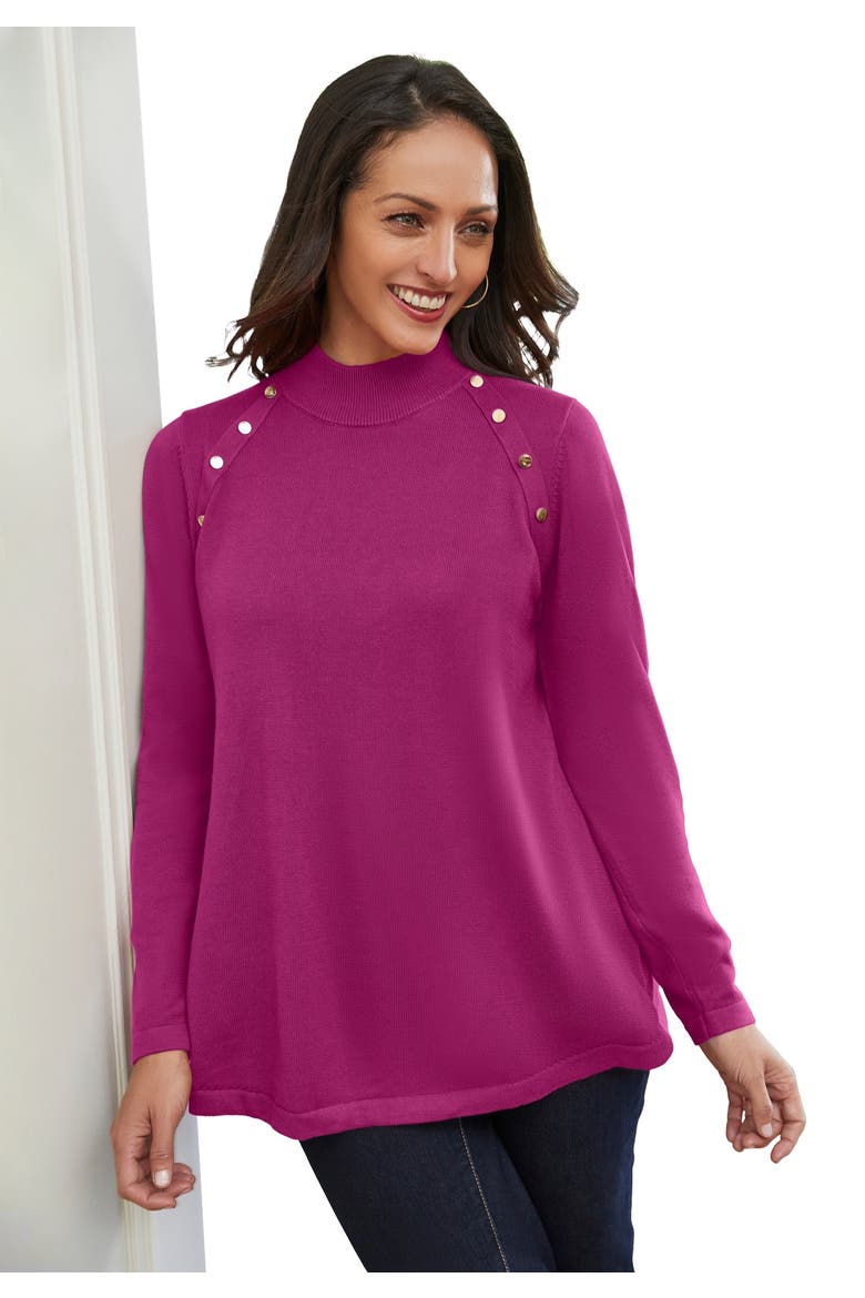 Gold Button Mockneck Sweater, Main, color, RASPBERRY