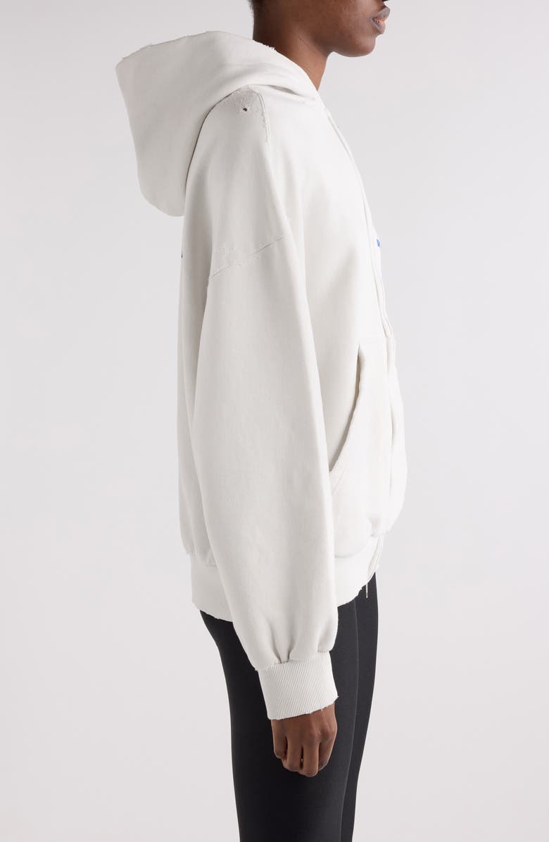 Balenciaga Logo Embroidered Distressed Dry Fleece Zip Hoodie, Alternate, color, 8016 Dirty Wht/ Sport Blue