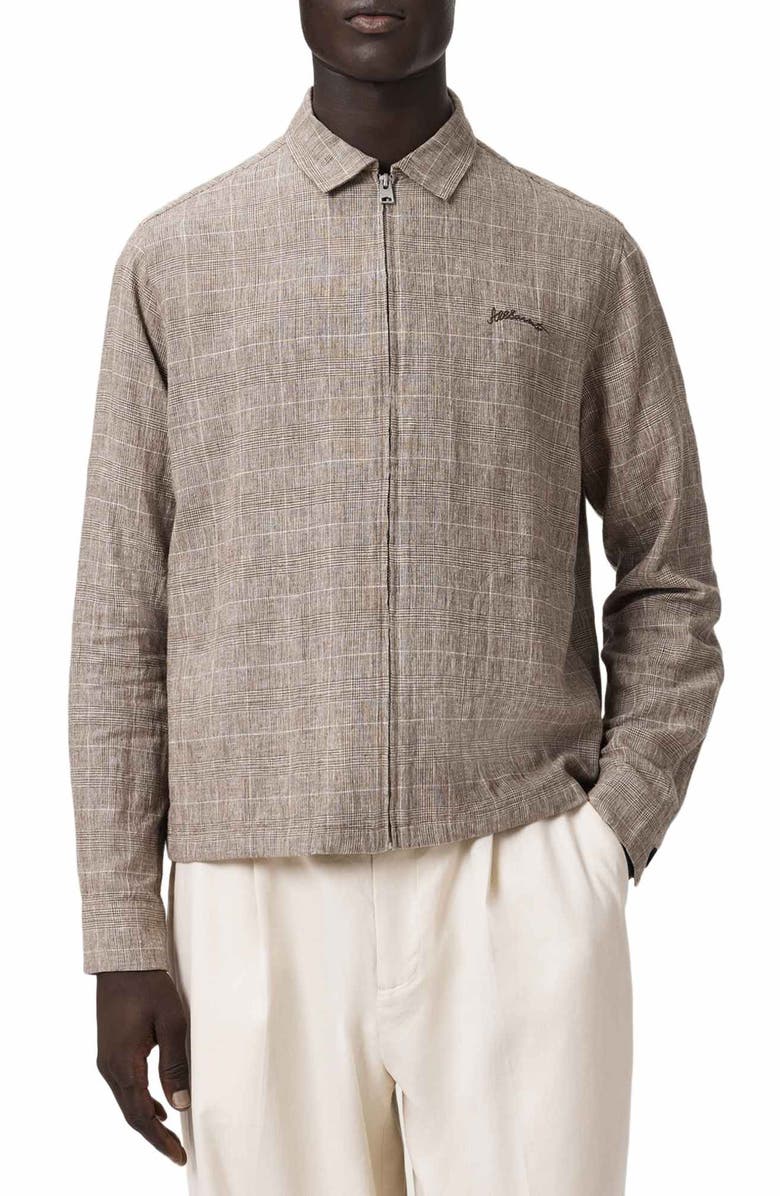 AllSaints Keal Embroidered Logo Glen Plaid Linen Blend Jacket, Main, color, Sediment Brown