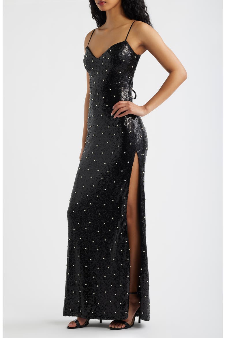 Sequin Faux Pearl Lace Up Gown, Alternate, color, BLACK / IVORY