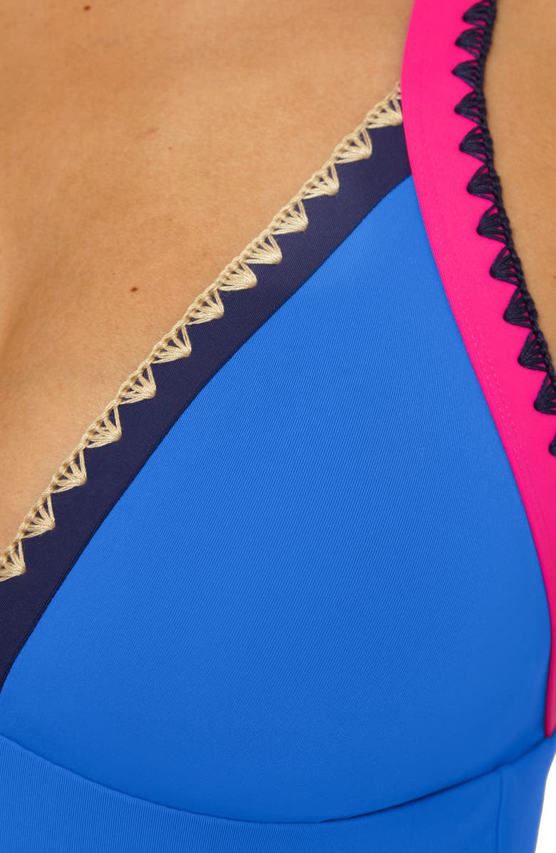 Lucky Brand Avila Embroidered Trim Colorblock Binding One-Piece Swimsuit, Alternate, color, Peacock