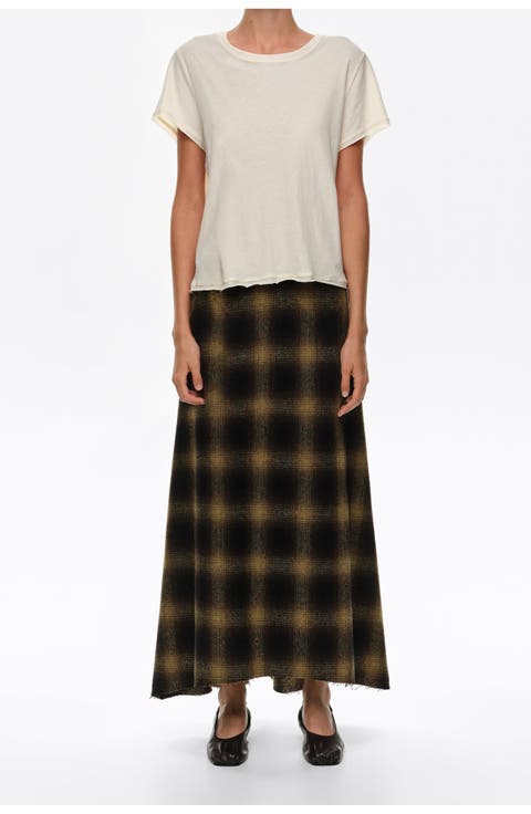 Checked Wool A-line Midi Skirt