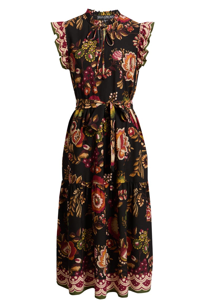 Floral Border Print Midi Dress, Alternate, color, BLACK MULTI