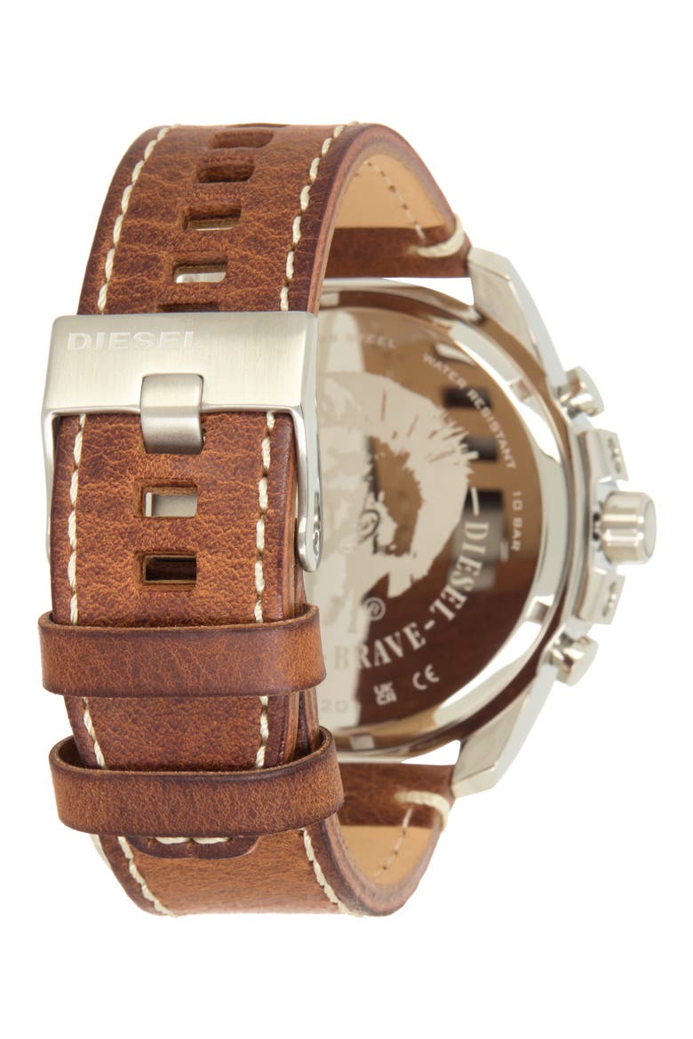 Mega Chief Leather Strap Watch, 51mm, Alternate, color, BROWN