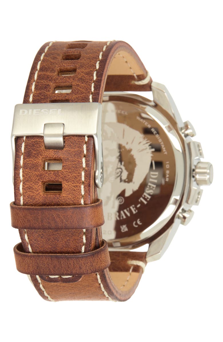 DIESEL<sup>®</sup> Mega Chief Leather Strap Watch, 51mm, Alternate, color, Brown