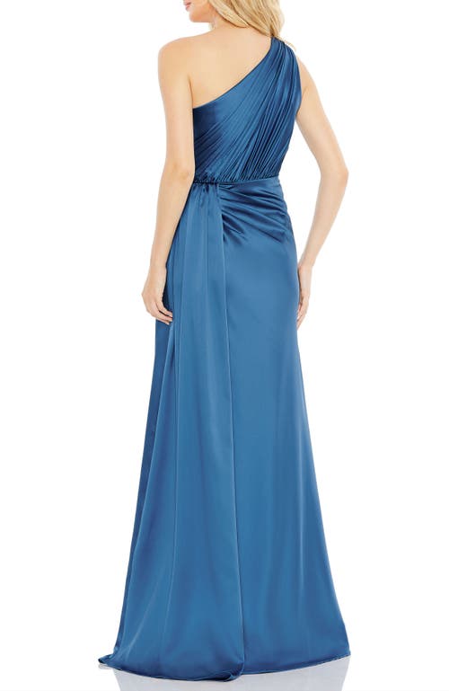 Mac Duggal Gathered One Shoulder Satin Faux Wrap Gown In Ocean Blue