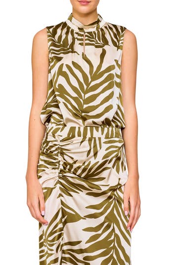Melloday Floral Sleeveless Satin Top In Olive Cream Leaf