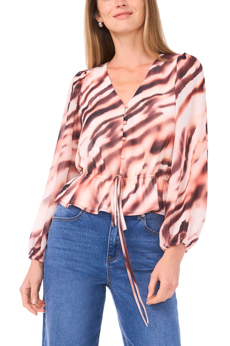V-Neck Button Front Peplum Top, Main, color, OATMEAL