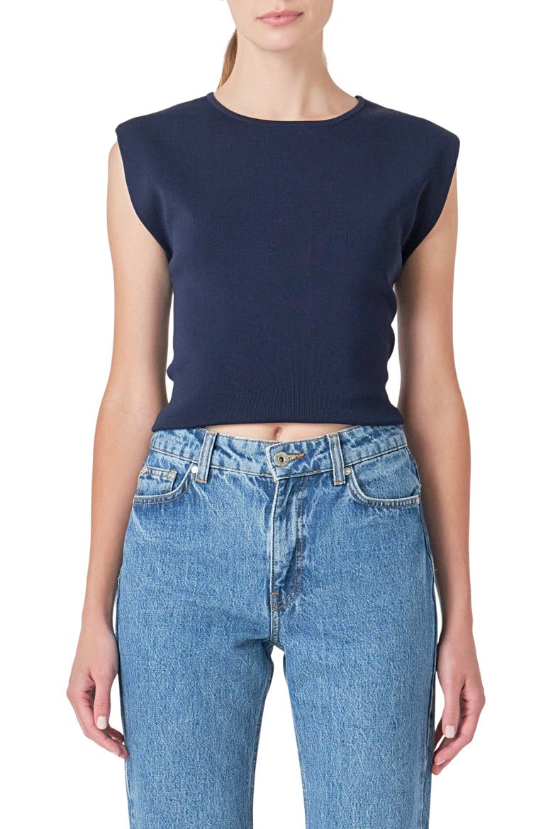 Cutout Padded Shoulder Crop Top, Main, color, NAVY