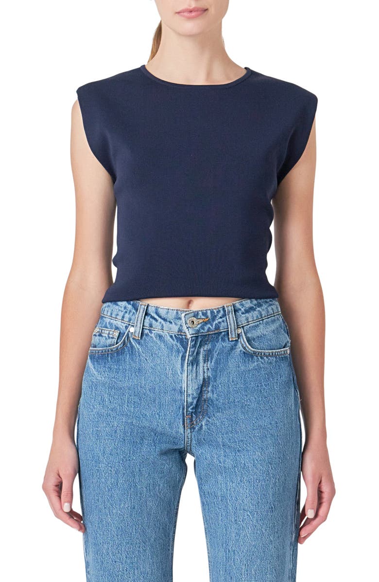 Endless Rose Cutout Padded Shoulder Crop Top, Main, color, Navy