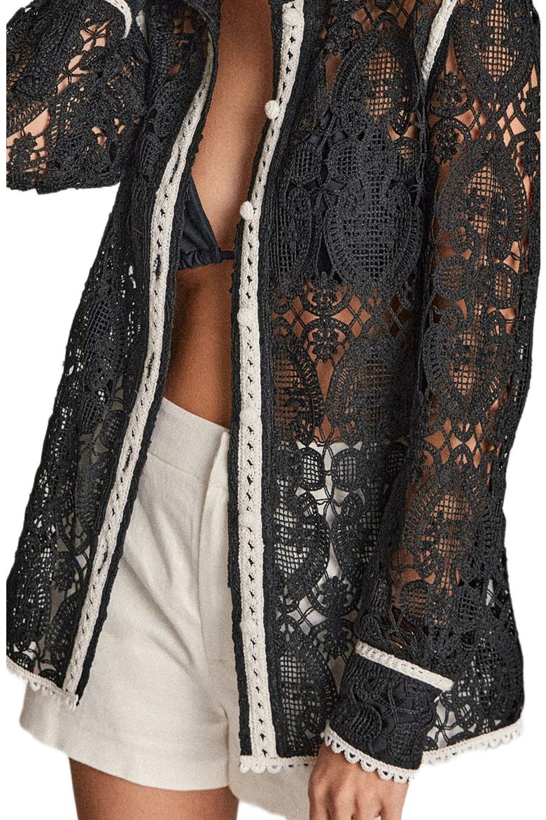 Crochet Button-Up Shirt, Alternate, color, BLACK