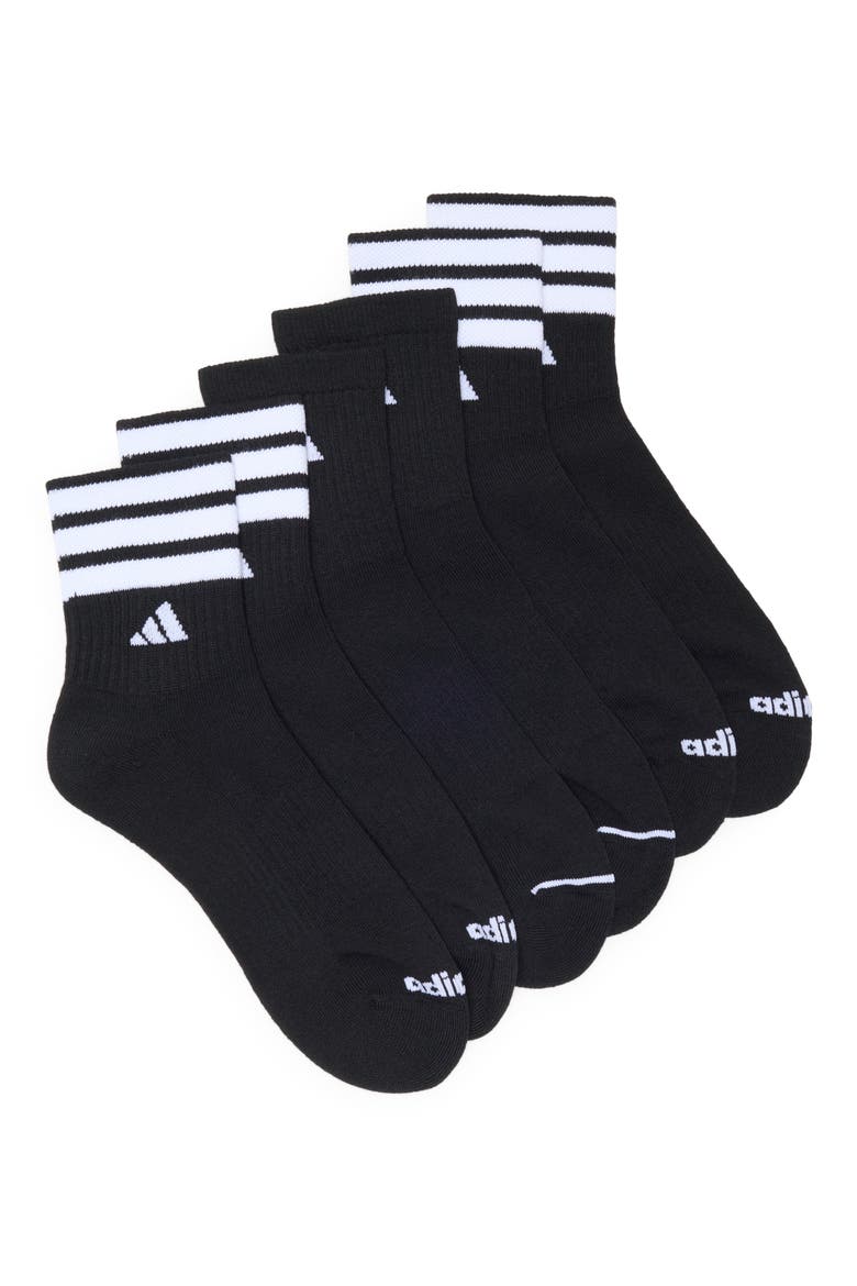 3-Pack Cushioned 3-Stripe Quarter Crew Socks, Main, color, BLACK/ WHITE