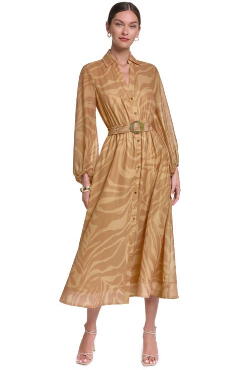 Printed Belted Midi Formal Shirt Dress