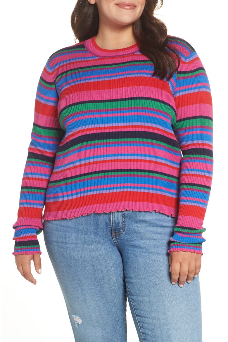 Ribbed Lettuce Edge Stripe Sweater, Alternate, color, PINK CYCLMAMEN MULTI STRIPE