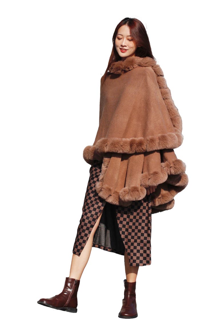 Faux Fur Trim Cape, Alternate, color, BROWN
