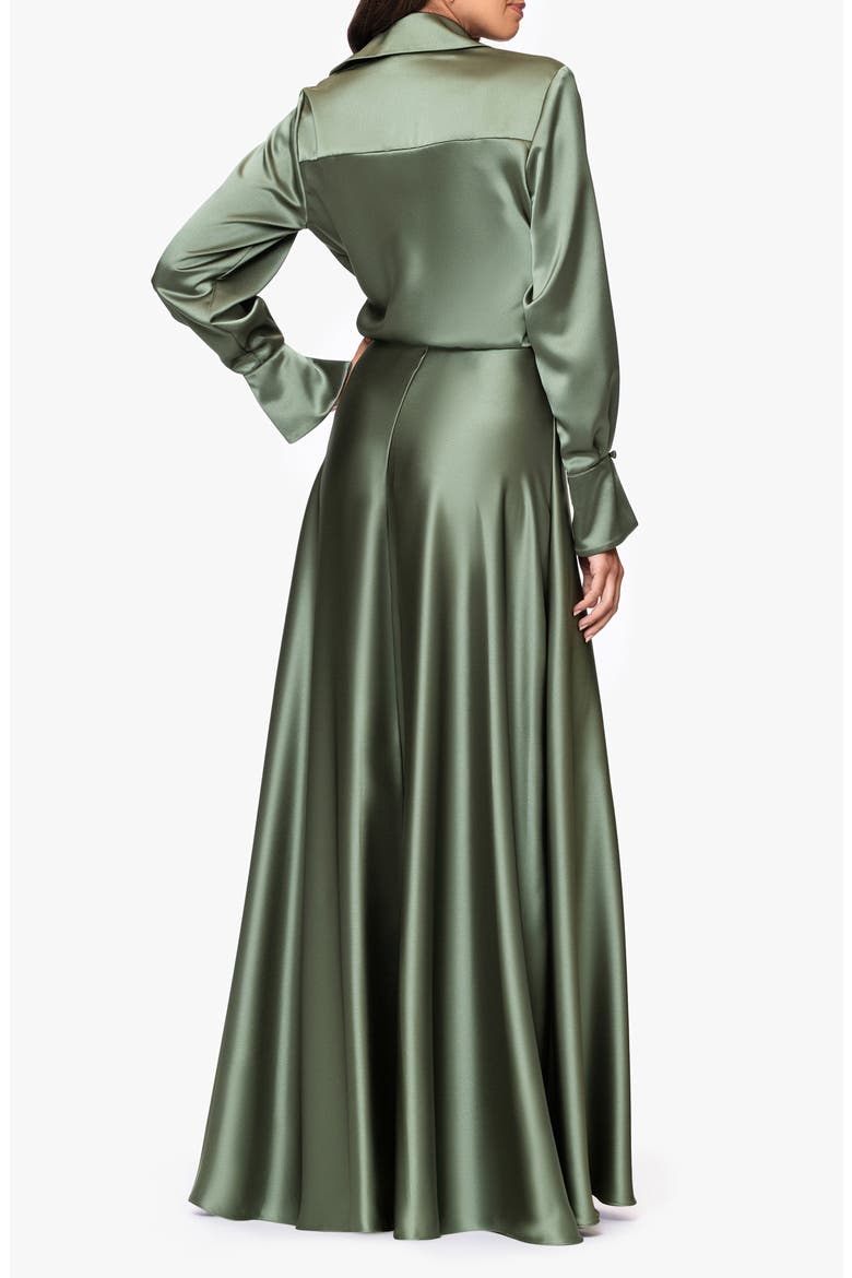 Spread Collar Long Sleeve Satin Gown, Alternate, color, OLIVE