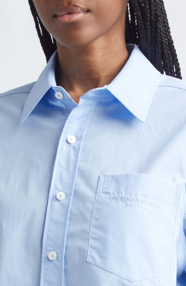 Alexander Wang Logo Crop Cotton Button-Up Shirt, Alternate, color, Oxford Blue