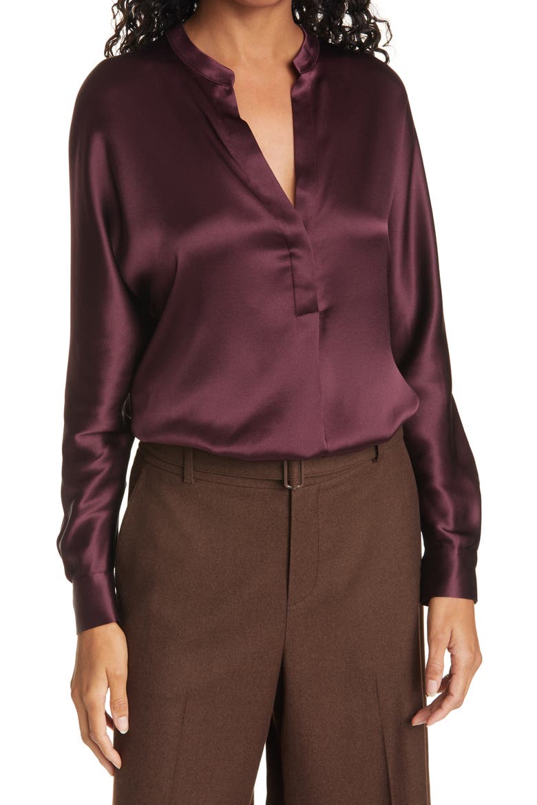Band Collar Silk Blouse, Main, color, BLACK PLUM