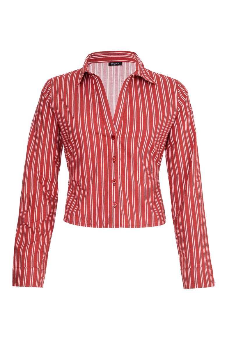 Fitted Stripe Crop Cotton Button-Up Shirt, Alternate, color, TOMATO RED