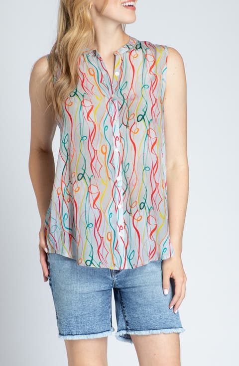 Print Chiffon Button-Up Sleeveless Top