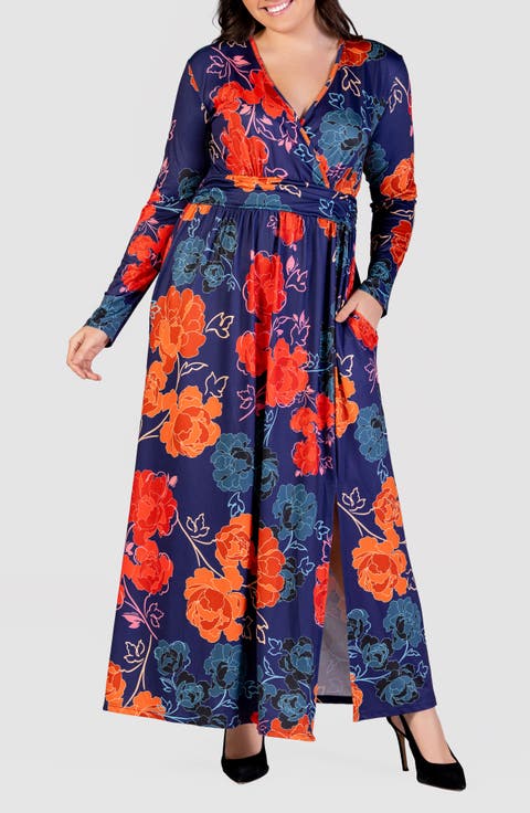 Floral Long Sleeve Wrap Front Knit Maxi Dress (Plus)