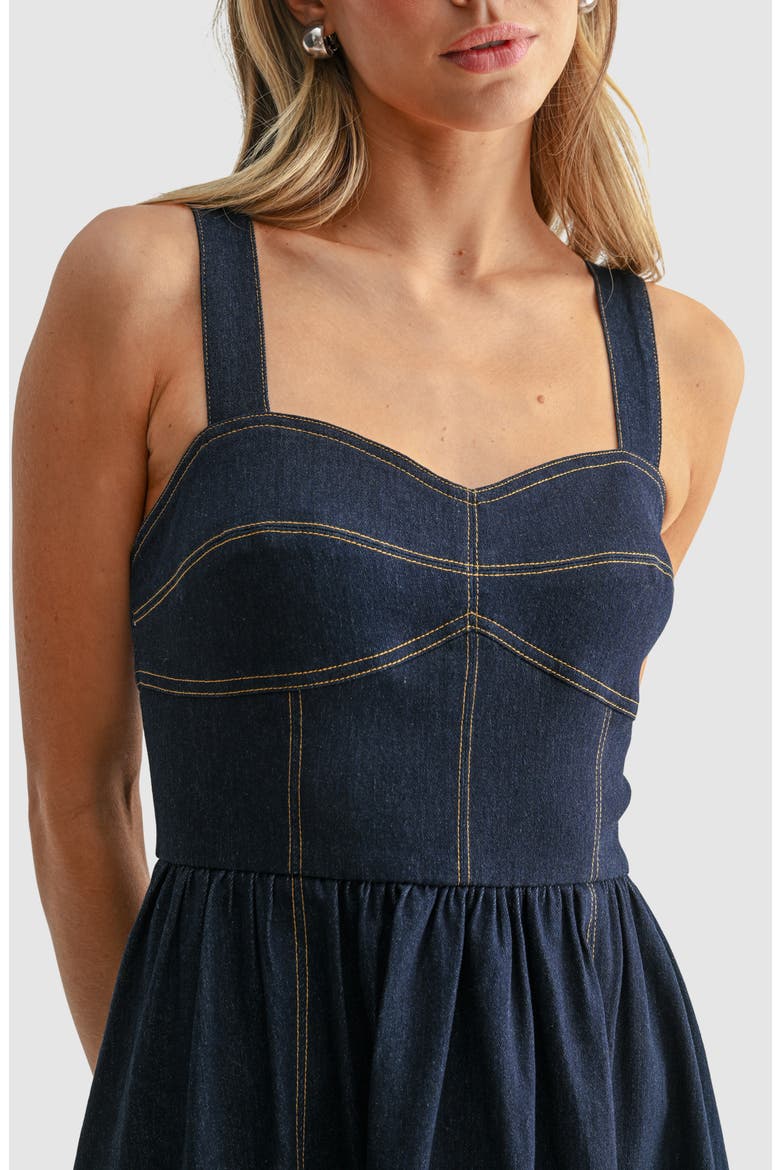 Sweetheart Neck Fit & Flare Denim Midi Dress, Alternate, color, DARK DENIM