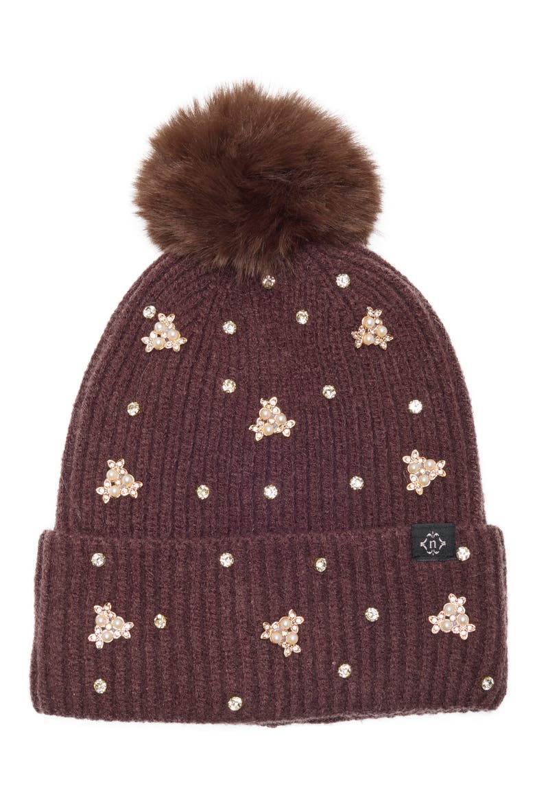 Mixed Metallic Pom Beanie, Main, color, CHOCOLATE
