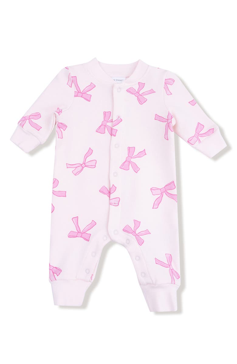 Angel Dear Pretty Bow Print French Terry Romper, Main, color, Light Pink
