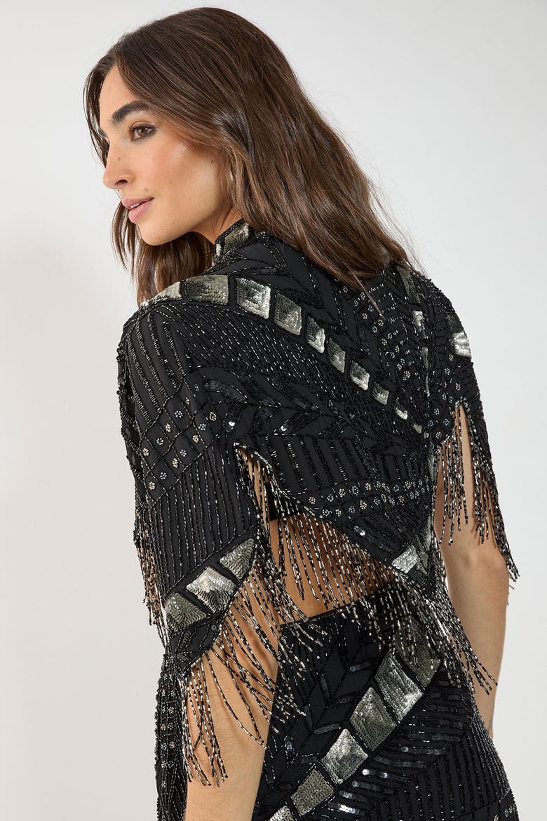 Panelled Sequin Tassel Cape, Alternate, color, Black