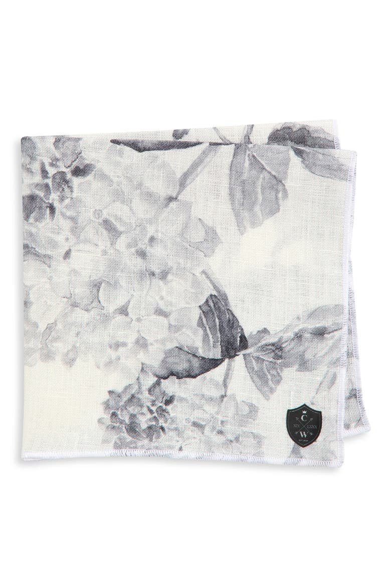 Grey & White Floral Linen Pocket Square, Main, color, GRAY