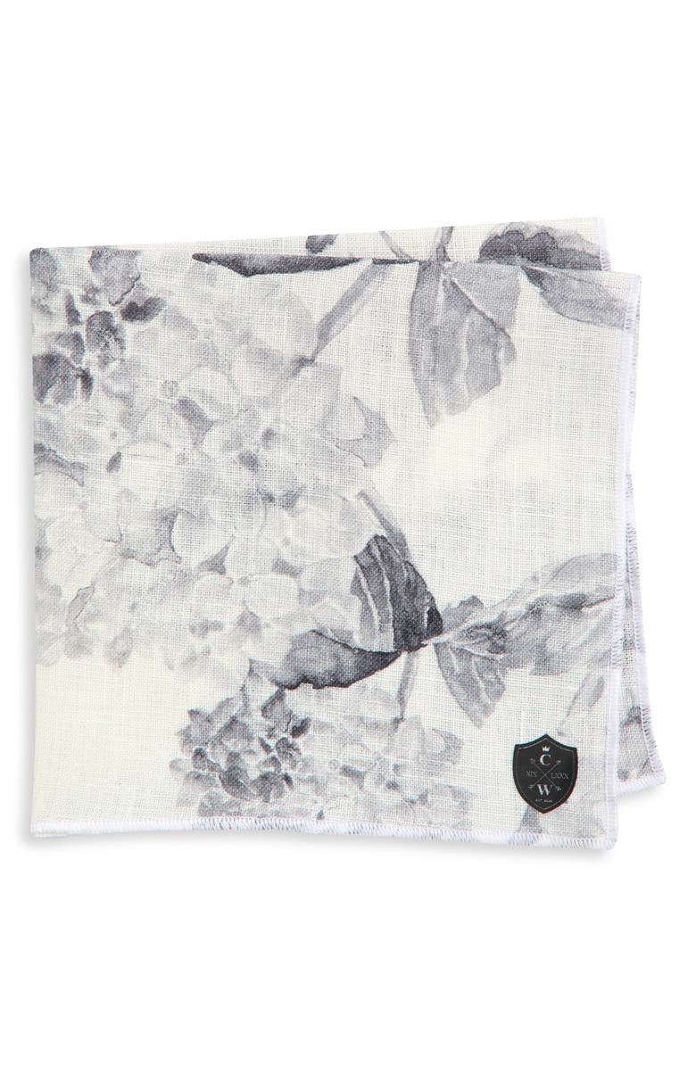 CLIFTON WILSON Grey & White Floral Linen Pocket Square, Main, color, Gray