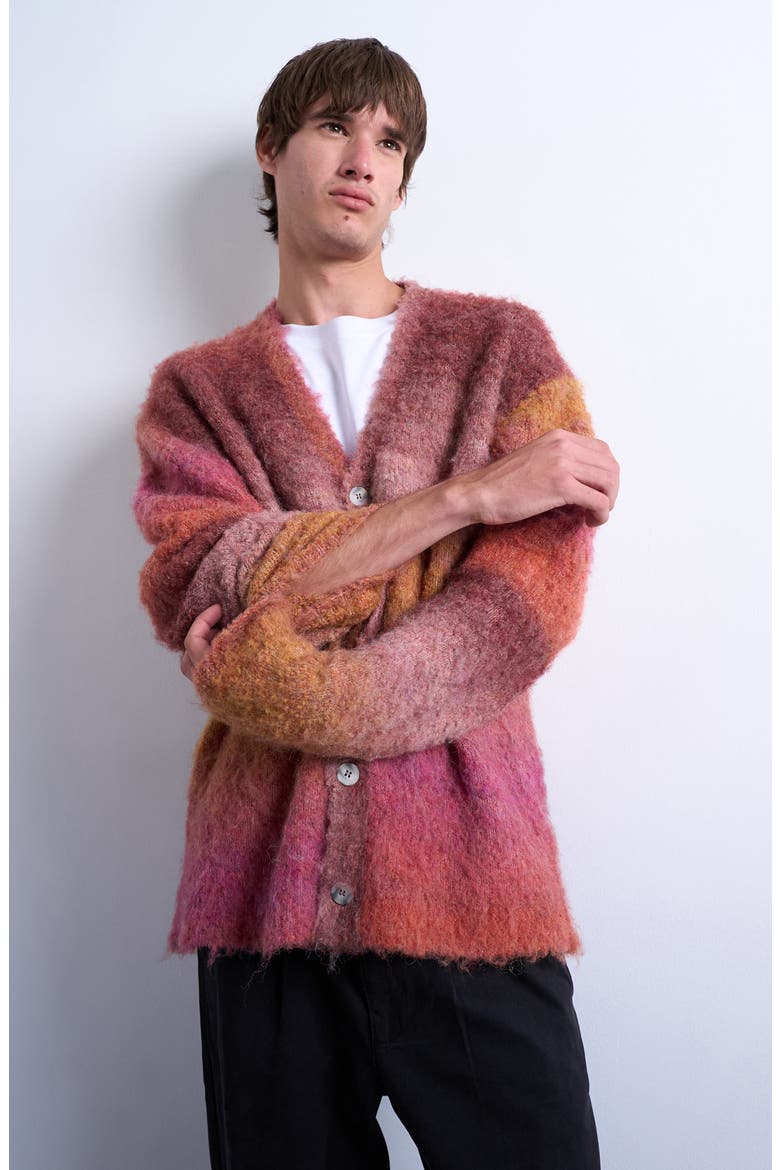 Oversize Ombré Stripe Fluffy Cardigan, Main, color, BURGUNDY