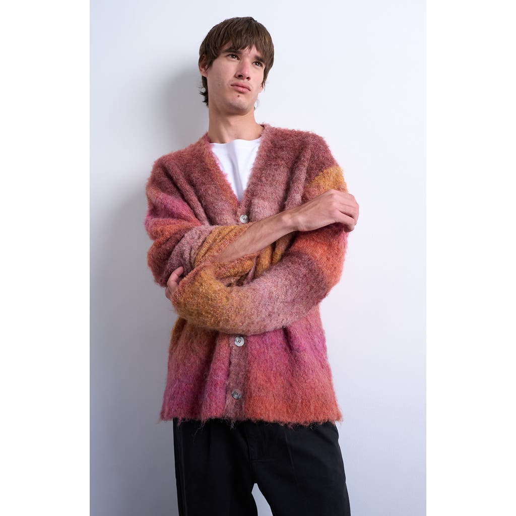 Topman Oversize Ombré Stripe Fluffy Cardigan In Burgundy