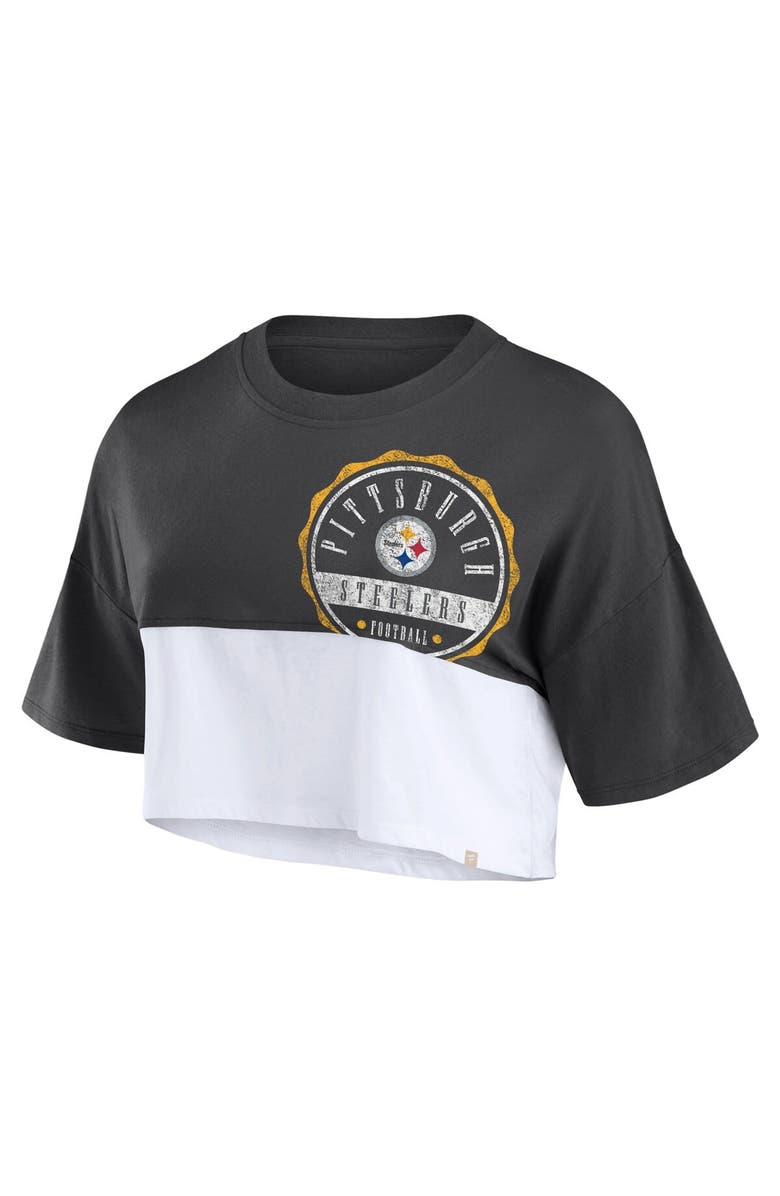 FANATICS Women's Fanatics Branded Black/White Pittsburgh Steelers Boxy Color Split Cropped T-Shirt, Alternate, color, Black
