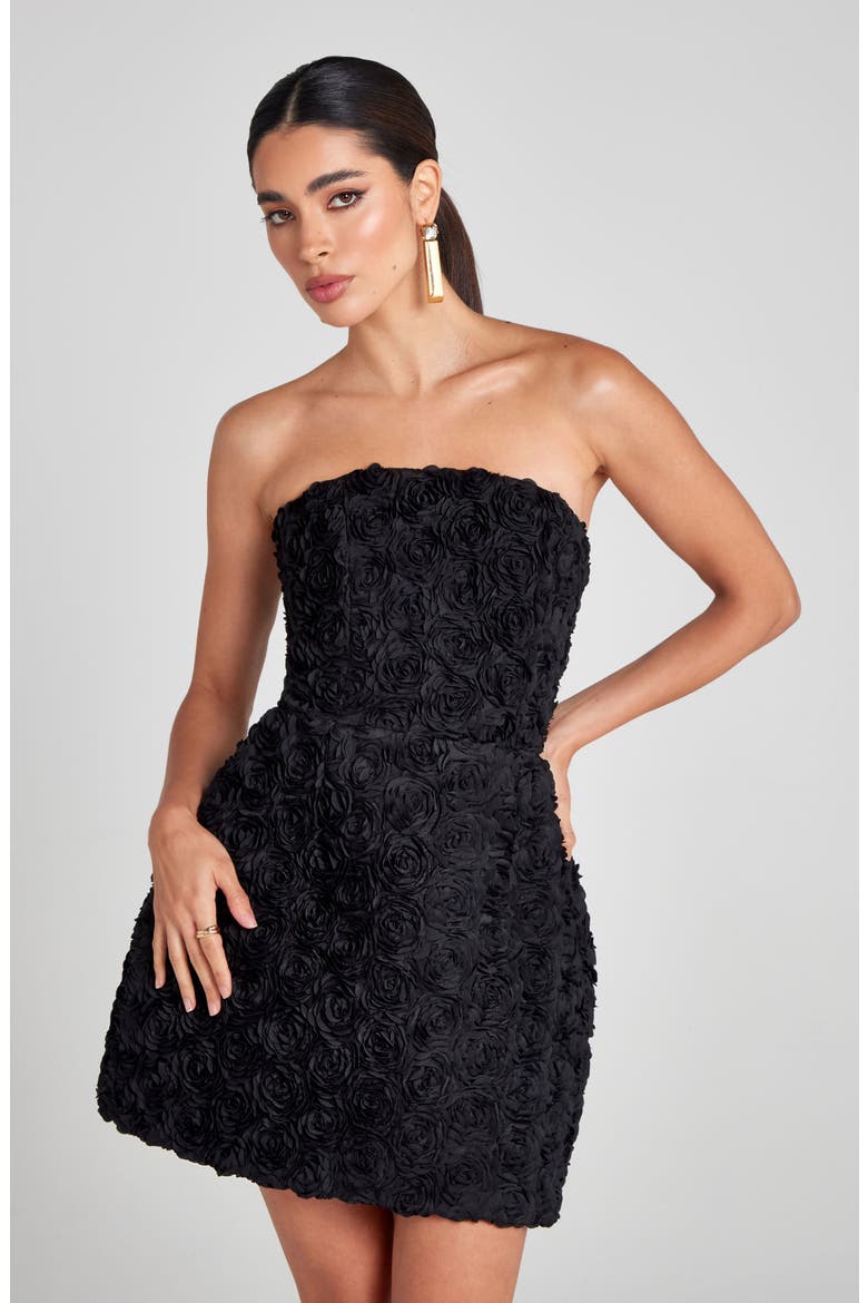 Maisy Rosette Strapless Minidress, Alternate, color, BLACK