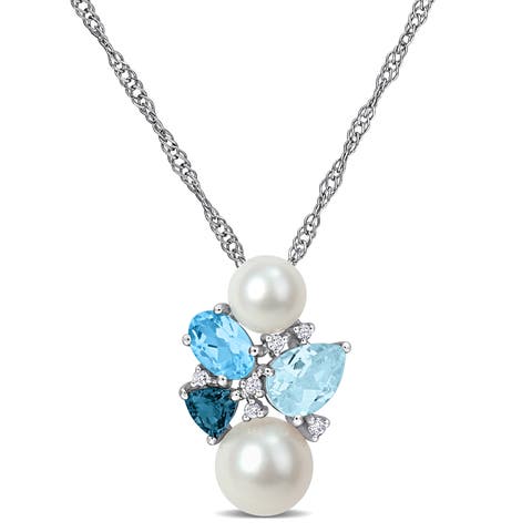 Pearl Blue Topaz & Diamond Cluster Necklace 14k