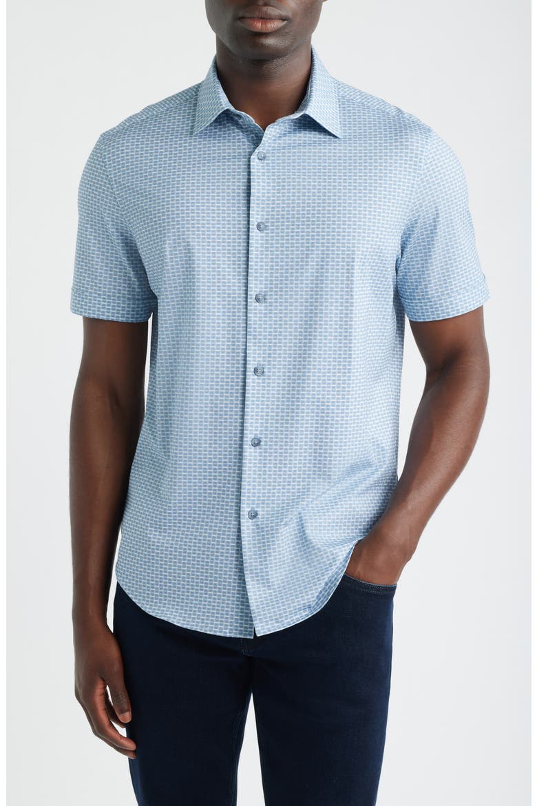 Miles OoohCotton® Print Short Sleeve Button-Up Shirt, Main, color, HAZY BLUE