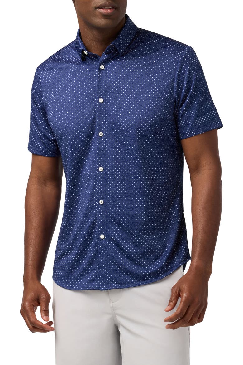 Halyard Trim Fit Dot Short Sleeve Performance Button-Up Shirt, Main, color, COBALT DOT
