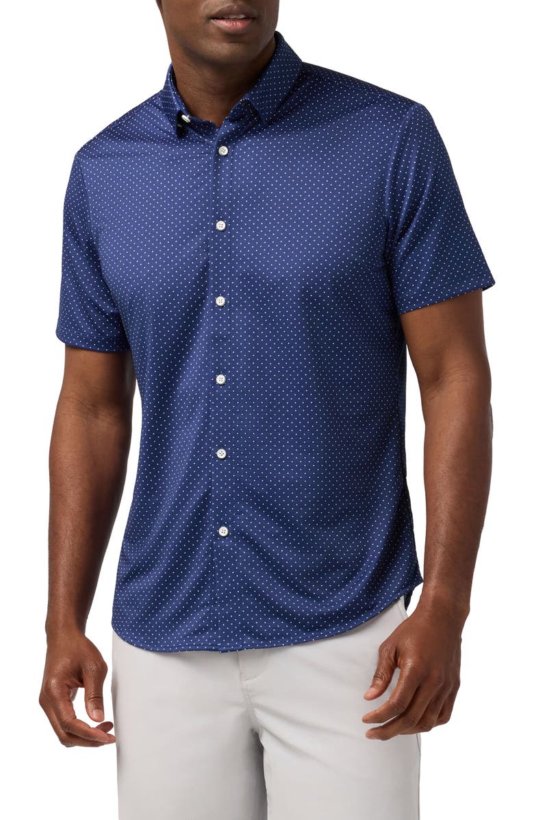 Mizzen+Main Halyard Trim Fit Dot Short Sleeve Performance Button-Up Shirt, Main, color, Cobalt Dot
