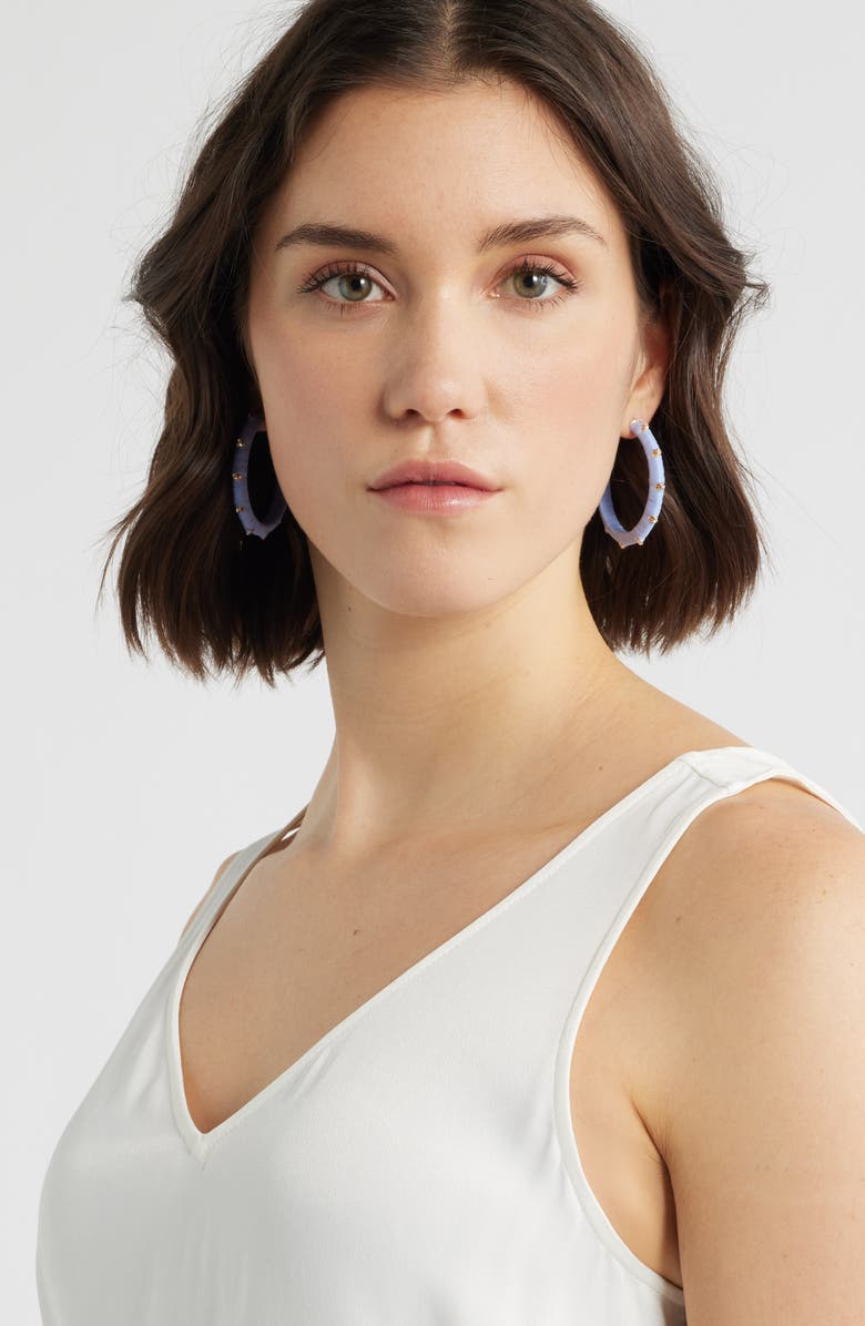 Nordstrom Crystal Accent Raffia Wrapped Hoop Earrings, Alternate, color, Light Blue- Clear- Gold