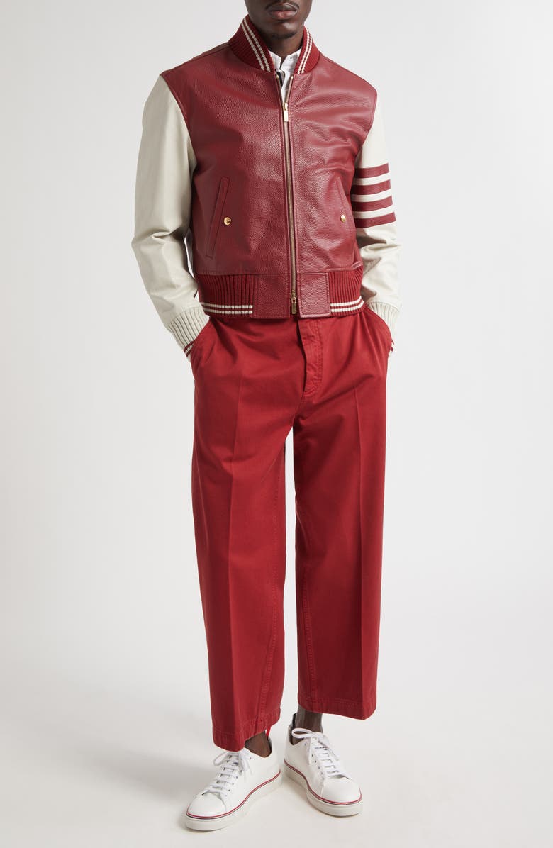 Thom Browne 4-Bar Leather Varsity Jacket, Alternate, color, Burgundy