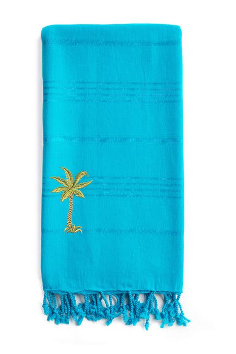 100% Turkish Cotton Summer Fun - Breezy Palm Tree Pestemal Beach Towel - Turquoise