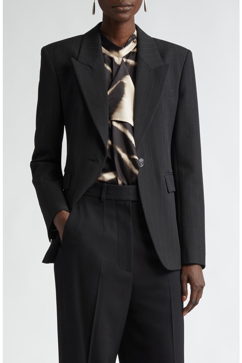 Pinstripe One-Button Blazer, Main, color, BLACK