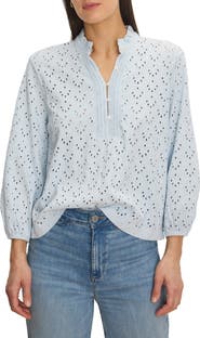NIC+ZOE Eyelet Embroidered Ruffle Trim Cotton Top