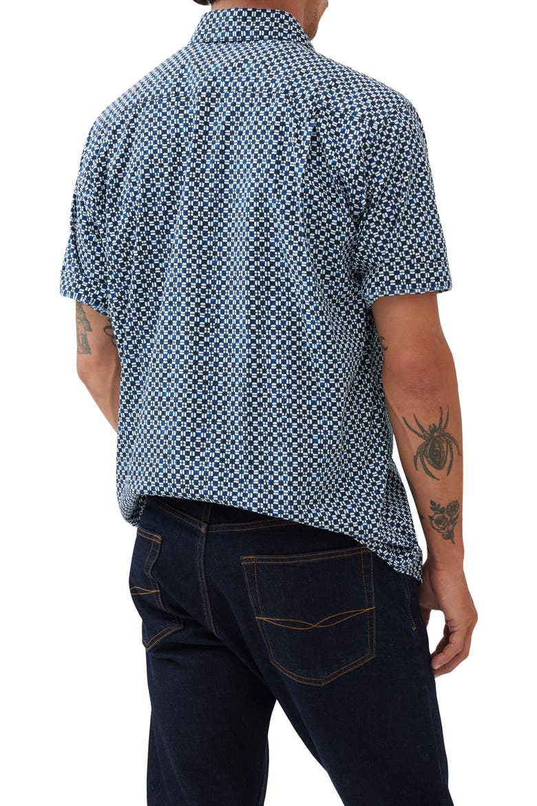 Yate's Point Original Fit Tile Print Short Sleeve Cotton Button-Up Shirt, Alternate, color, INDIGO