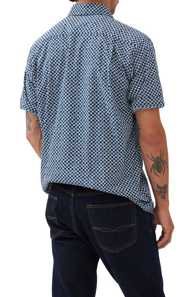 Rodd & Gunn Yate's Point Original Fit Tile Print Short Sleeve Cotton Button-Up Shirt, Alternate, color, Indigo