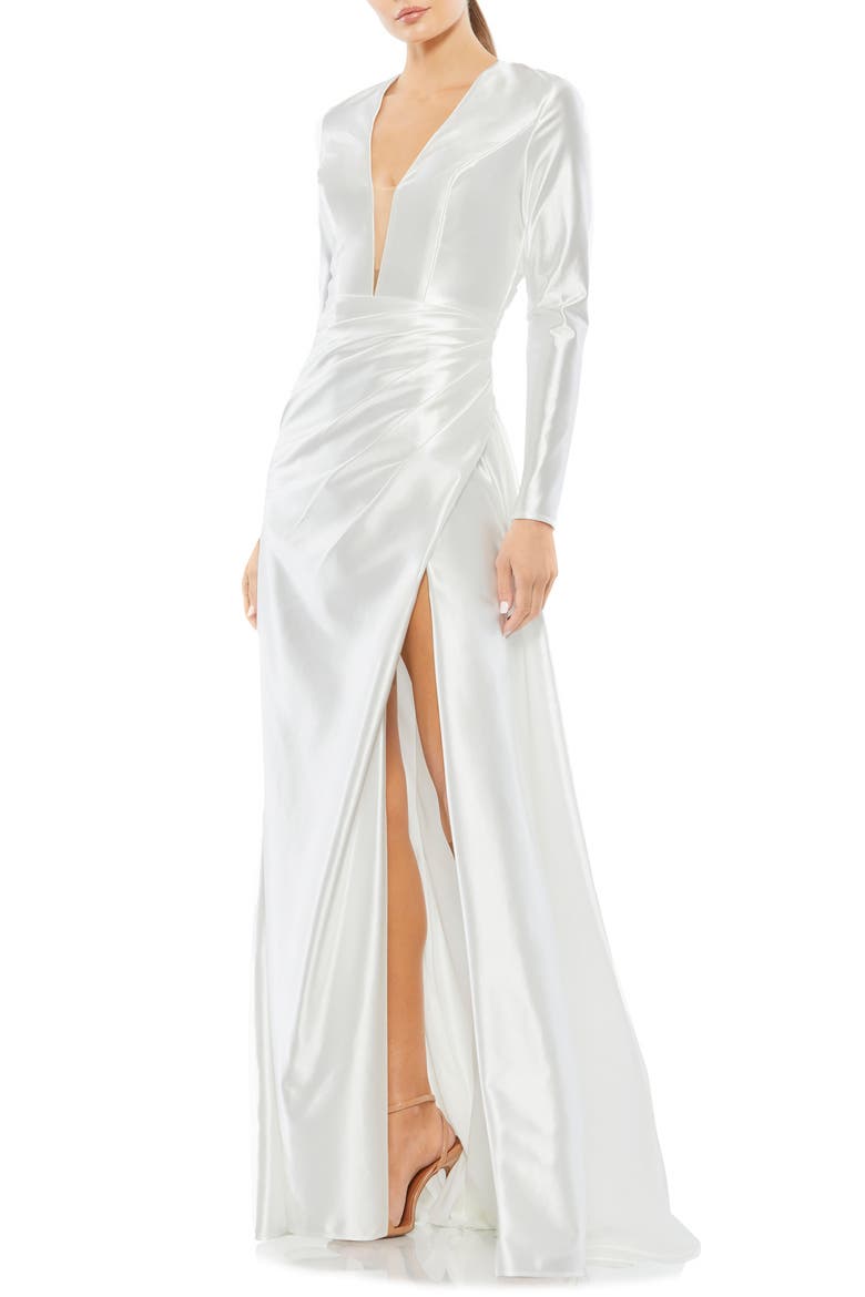Plunge Long Sleeve Satin Gown, Main, color, WHITE
