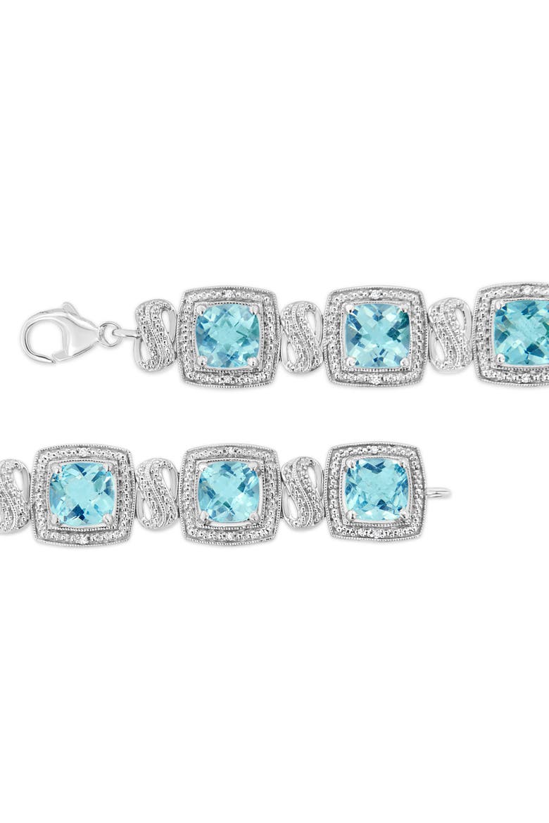 .925 Sterling Silver 7x7 mm Cushion Cut Blue Topaz and 1/10 Ctw Single Cut Diamond Square Shape Tennis Bracelet, Alternate, color, Blue Topaz