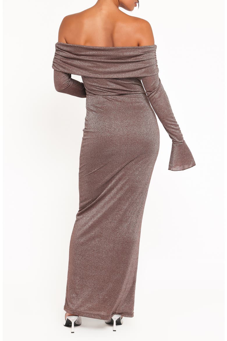 Oraton Metallic Off the Shoulder Long Sleeve Maxi Dress, Alternate, color, BROWN